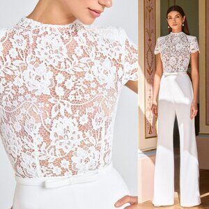 Nadine Merabi Hattie White Lace Sheer Mesh Bow Belted Flared Leg Jumpsuit Size L